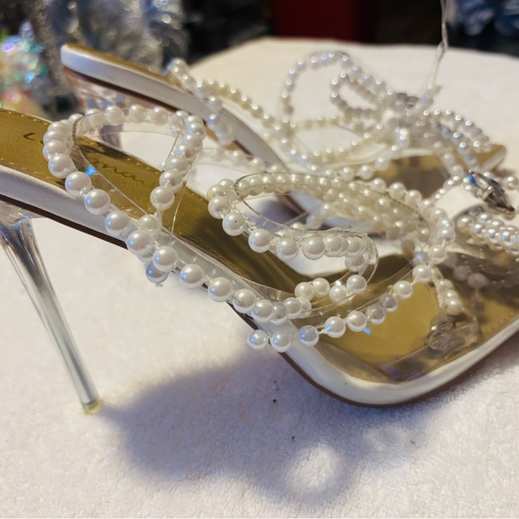 LEMONADE Shoes - White Heels with Pearl Embellishments and Stiletto Design - box 1